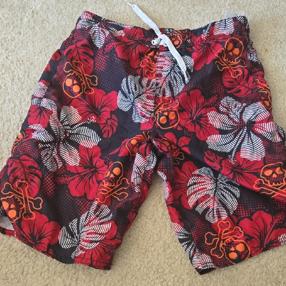 Joe Boxer Red and Black Floral Skull Swim Shorts